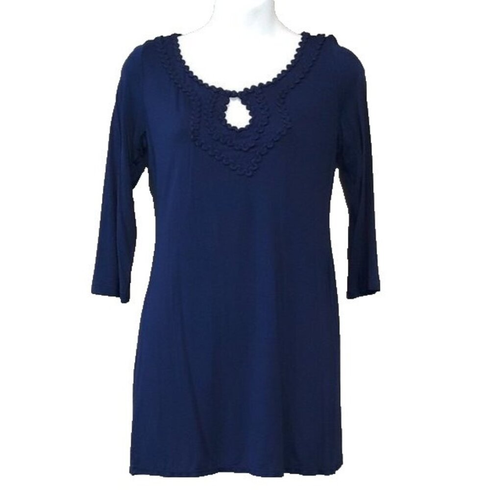 Max Studio Womens Tunic Top Small Blue Ric Rac Neckline 3/4 Sleeve Casual